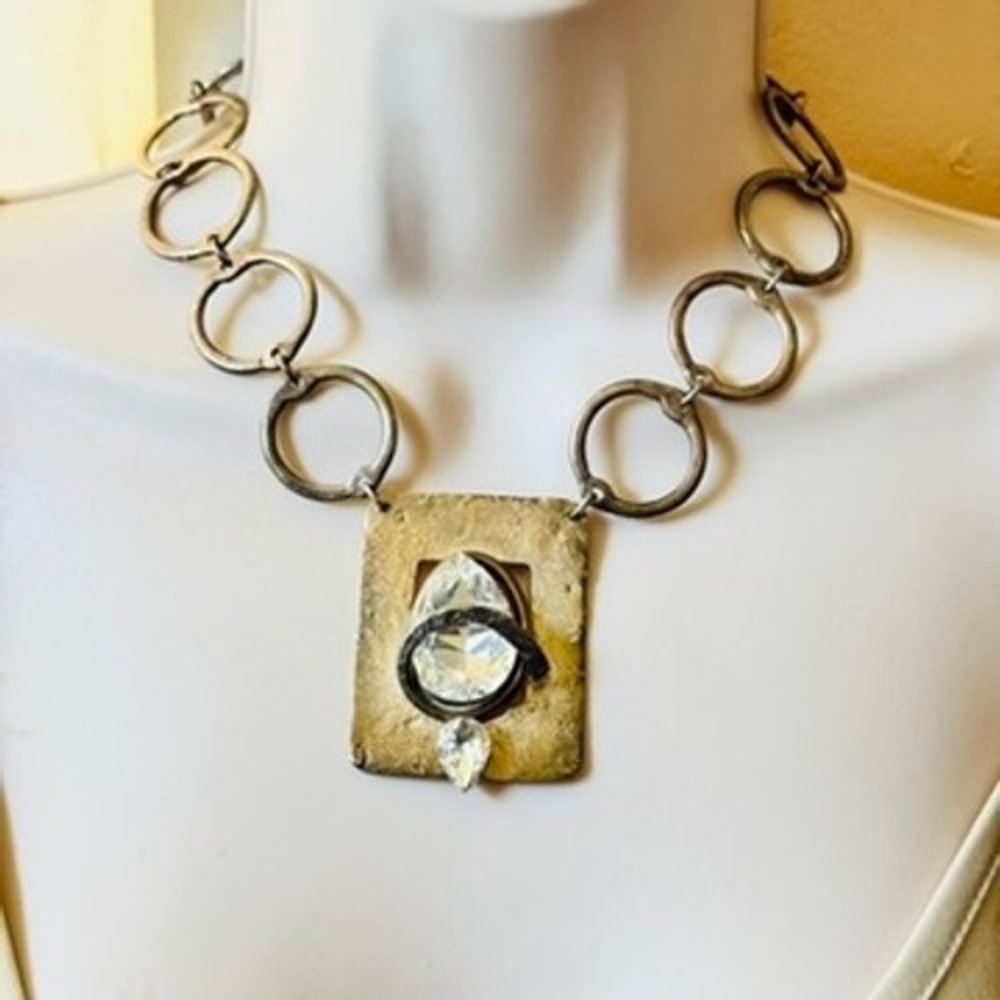 J. Jansen Rhinestone Art Necklace VTG Crystal Textured Brutalist 80s Chunky 16"‎